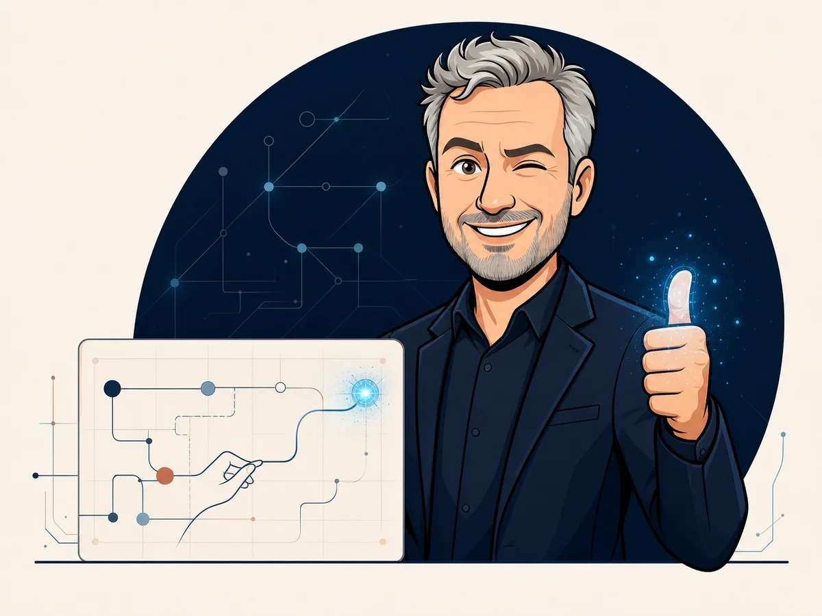 Editorial illustration of René winking and giving a thumbs-up beside a human-guided architecture and AI pathway.
